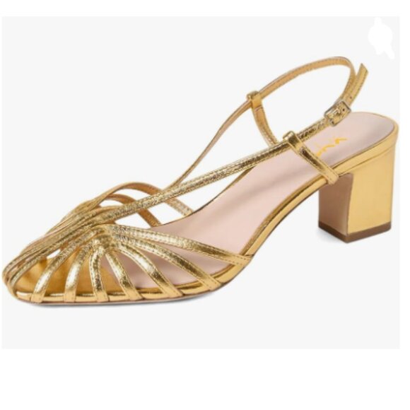 XYD Gold Caged Square Toe Slingback Sandals Cutout Block Low Heel Strappy Shoes - Picture 1 of 8
